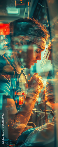 Man in reflective thought with abstract colorful overlay, portraying creativity, focus, and modern artistry. Vertical orientation.