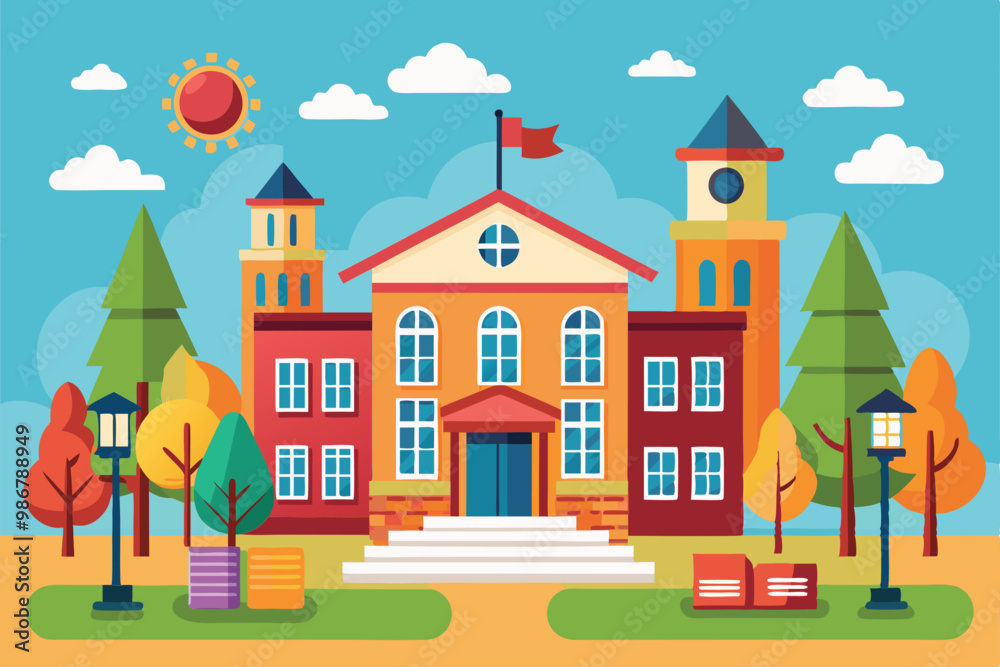 A lively illustration of a high school with bright trees, sunny weather, and a welcoming entrance, Customizable high school illustration. A lively illustration of a high school with bright trees, sunny weather, and a welcoming entrance, Customizable high school illustration.