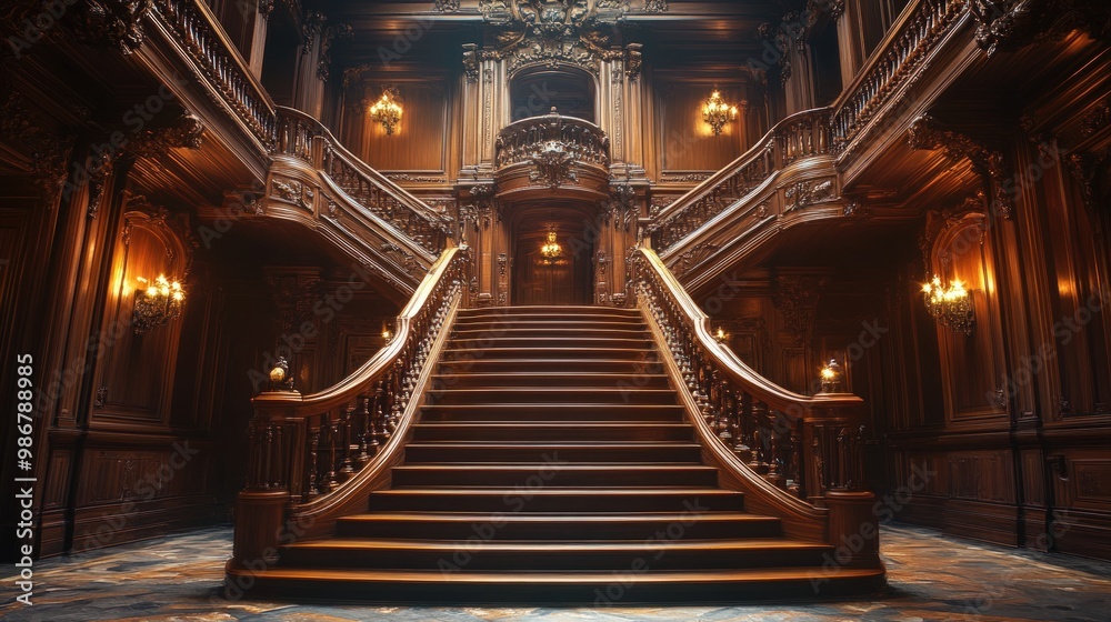 Grand staircase in a luxurious mansion with intricate wooden details. Grand staircase in a luxurious mansion with intricate wooden details.