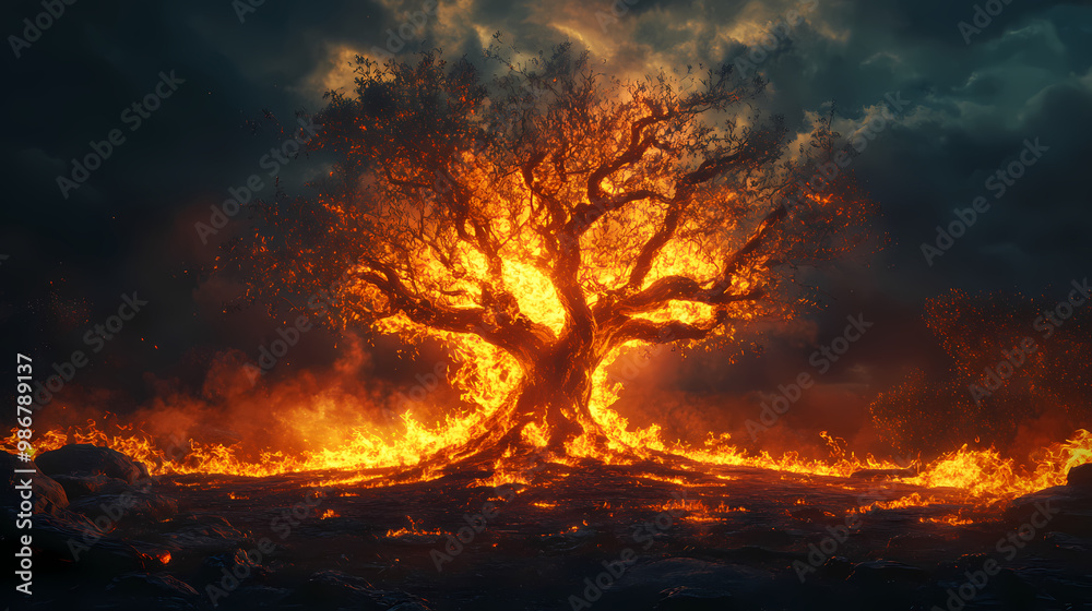 A burning holy magic tree from folklore and myths. could be the world tree or tree of life known from norse mythology render. Celtic Mythology. Illustration A burning holy magic tree from folklore and myths. could be the world tree or tree of life known from norse mythology render. Celtic Mythology. Illustration
