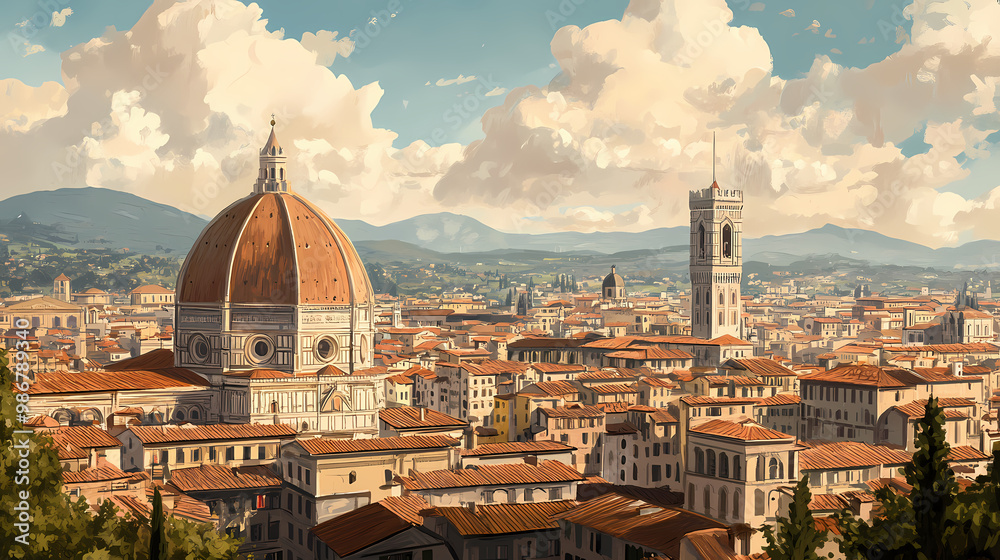 Naklejka premium A cityscape of florence during the renaissance, with the iconic dome of the duomo in the background,. Renaissance Italy. Illustration