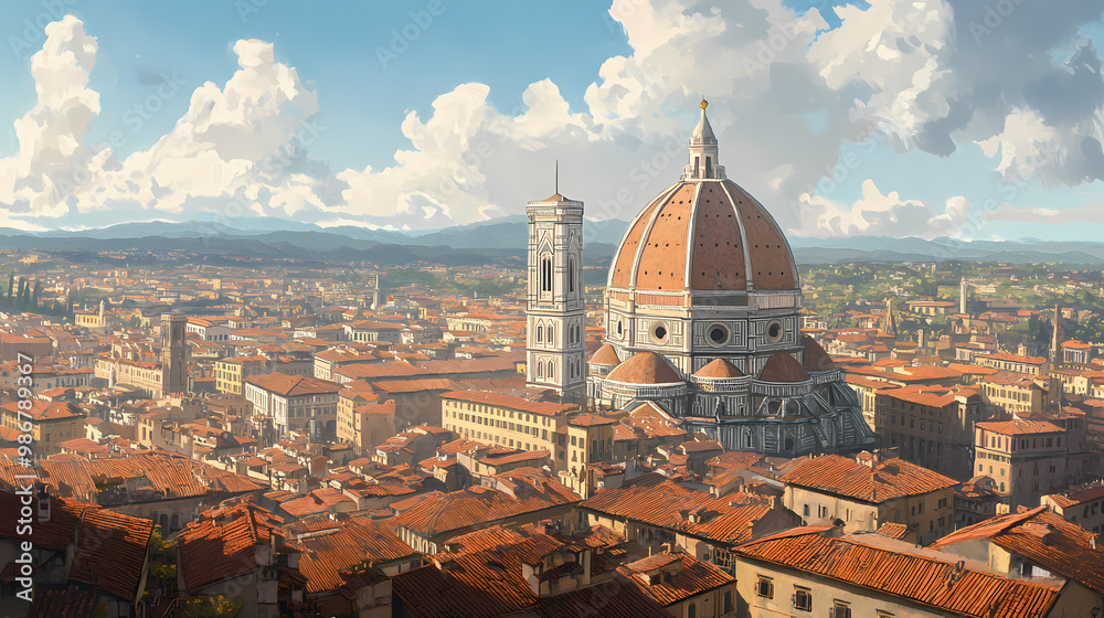 Fototapeta premium A cityscape of florence during the renaissance, with the iconic dome of the duomo in the background,. Renaissance Italy. Illustration