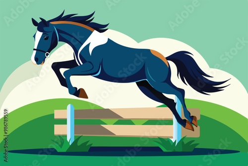 A horse leaps gracefully over a wooden fence in a lush, green environment under a clear sky, Customizable horse jumping illustration