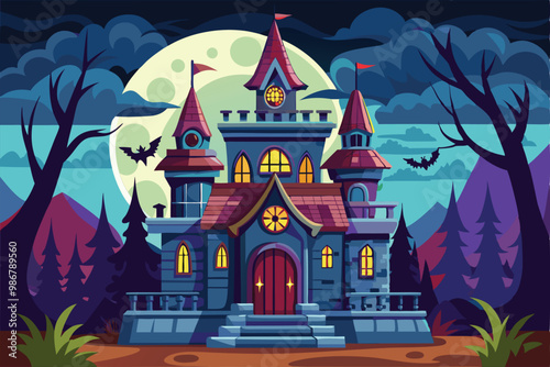 A spooky horror castle stands majestically under a full moon, surrounded by eerie trees and bats, Customizable horror castle illustration with disproportionate features.