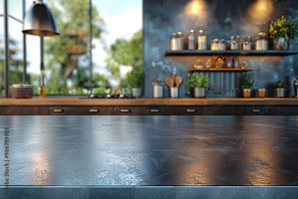 Metal Kitchen Table Top on Blurred Background Metal Kitchen Table Top on Blurred Background