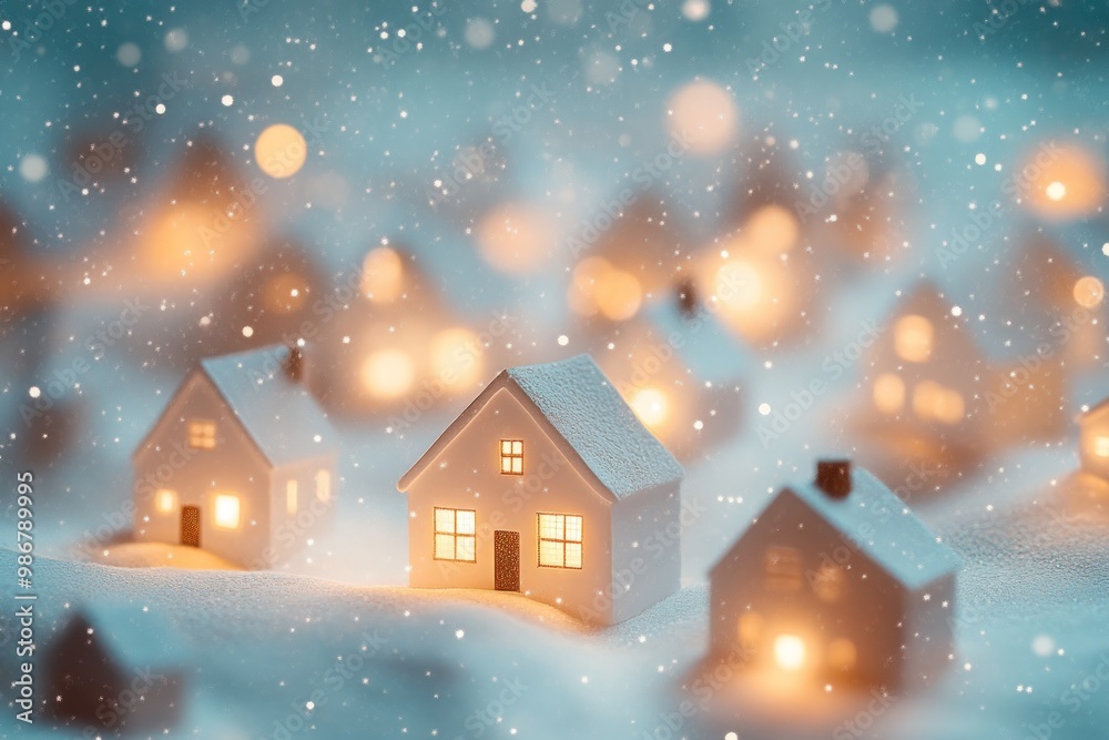 Miniature houses with warm lights in a snowy winter landscape. Miniature houses with warm lights in a snowy winter landscape.