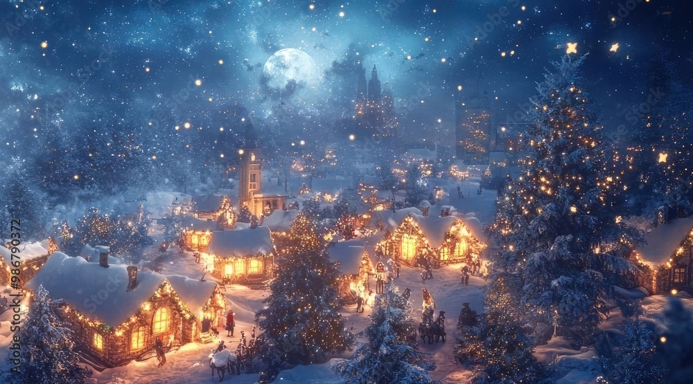 A magical Christmas scene with Santa flying over a snowy village, illuminated by festive lights and surrounded by winter wonder. A magical Christmas scene with Santa flying over a snowy village, illuminated by festive lights and surrounded by winter wonder.