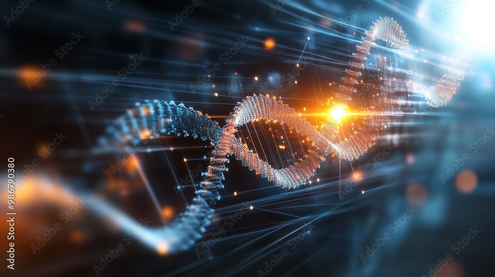 Fototapeta premium Abstract DNA Strand with Light Effects in Blue Background