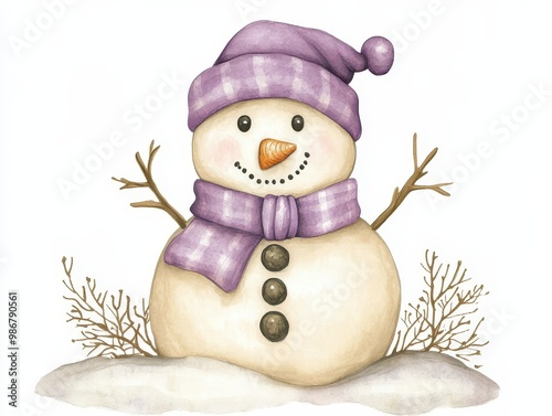 A charming snowman wearing a purple hat and scarf, surrounded by snow. Perfect for winter and holiday-themed designs. photo