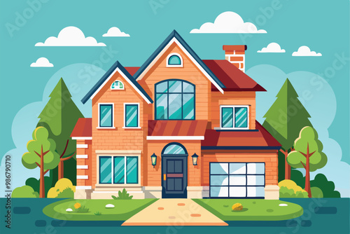 A distinctive house showcases customizable features and colorful landscaping, surrounded by trees and clouds, Customizable house restyling with disproportionate illustration.