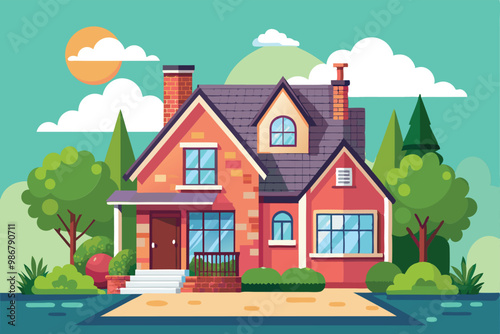 A colorful house design showcases creative features and a welcoming garden under a sunny sky, Customizable house restyling with disproportionate illustration.