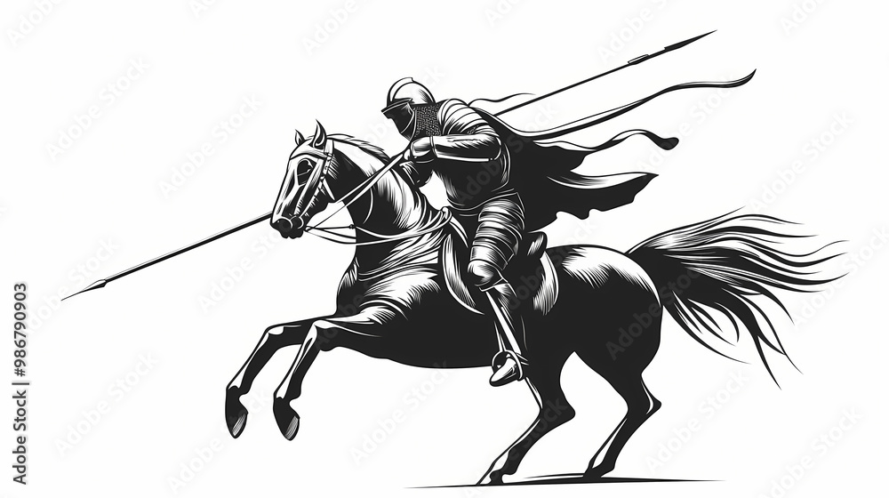A jousting knight on horseback with a long lance, woodcut, black and white, white background , generated with ai. Medieval Joust. Illustration A jousting knight on horseback with a long lance, woodcut, black and white, white background , generated with ai. Medieval Joust. Illustration
