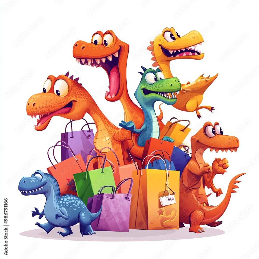 Naklejka premium Dinosaurs in a frenzy of Black Friday shopping, cartoon style, vibrant and energetic, isolated on white background