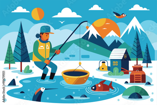 A fisherman enjoys a peaceful ice fishing day on a frozen lake surrounded by mountains and nature, Customizable ice fishing illustration that is disproportionate.