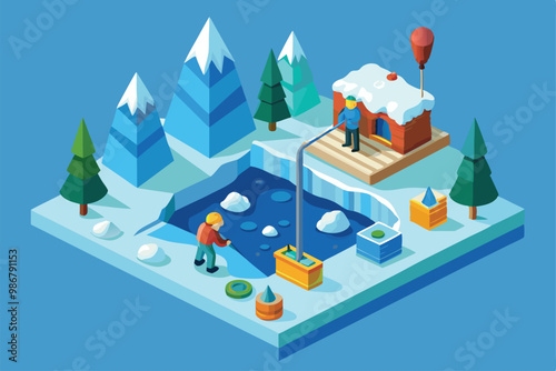 Enjoy ice fishing in this winter wonderland, featuring a snowy hut and a serene frozen lake, Customizable ice fishing illustration in isometric style.