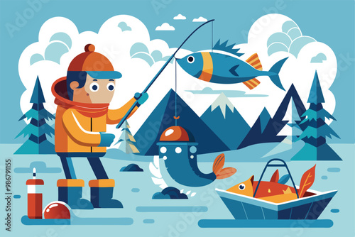 A man enjoys ice fishing in a winter wonderland surrounded by mountains and clouds, catching colorful fish, Customizable ice fishing illustration that is disproportionate.