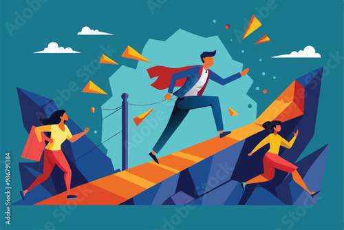 Three figures are shown overcoming challenges on a vibrant path with obstacles in an outdoor setting, Customizable illustration breaking disproportionate barriers.