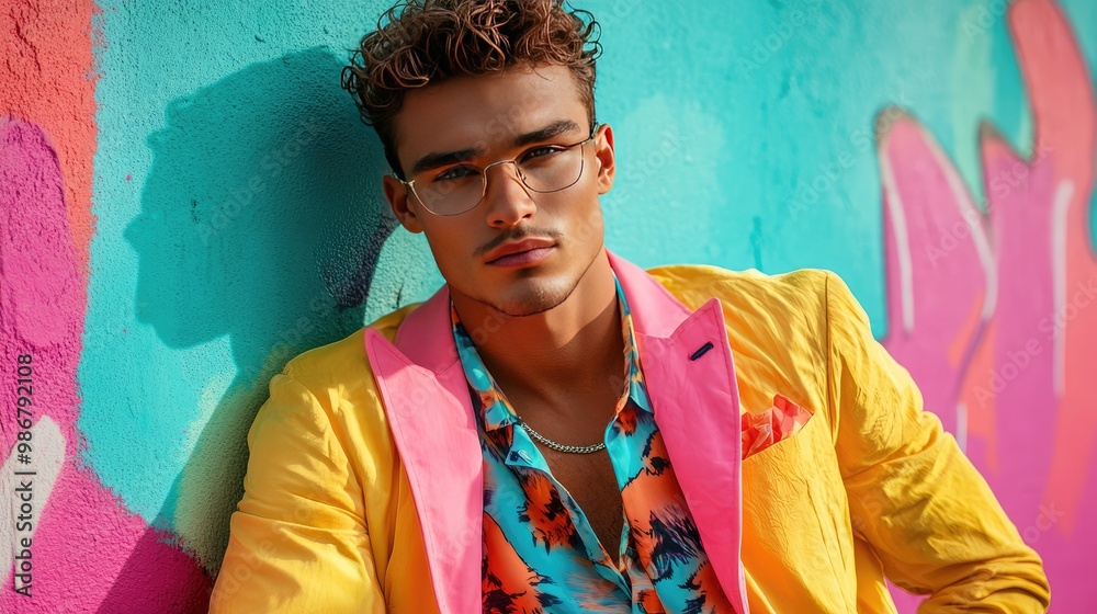 Obraz premium Fashionable Young Man in Colorful Outfit Posing Against Vibrant Graffiti Wall