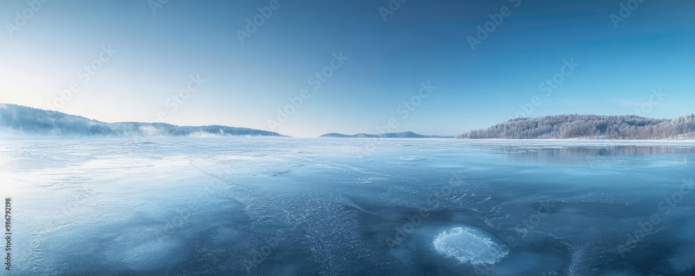 A tranquil winter landscape featuring a frozen lake under a clear blue sky, evoking serenity and natural beauty. A tranquil winter landscape featuring a frozen lake under a clear blue sky, evoking serenity and natural beauty.