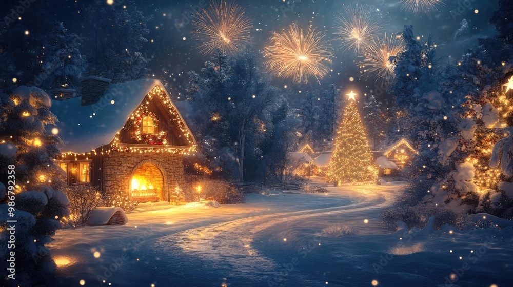 Fototapeta premium A cozy winter scene featuring a charming cottage, decorated tree, and festive fireworks in a snowy landscape.