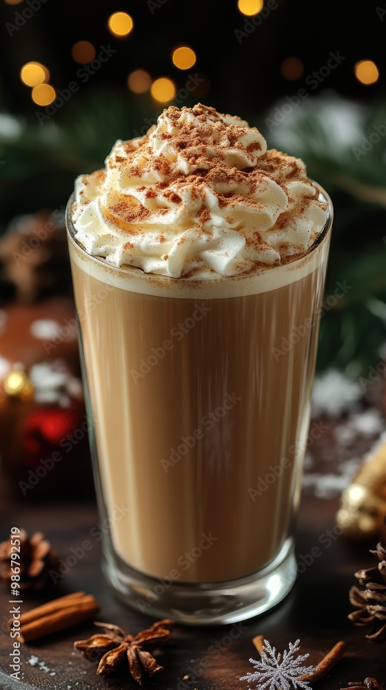 Festive Spiced Latte with Whipped Cream and Cinnamon Topping for Christmas Celebration Festive Spiced Latte with Whipped Cream and Cinnamon Topping for Christmas Celebration