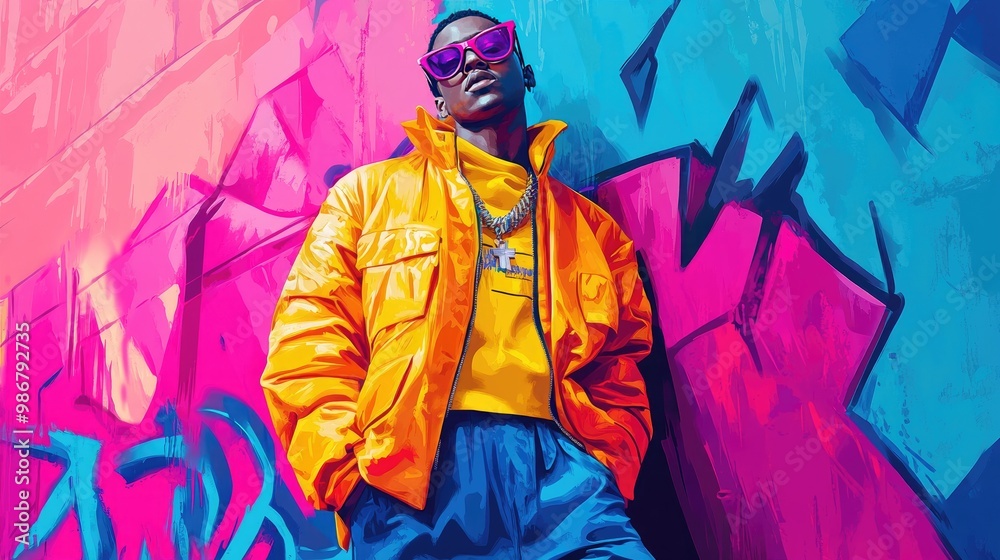 Fototapeta premium Trendy Urban Fashion with Bright Clothes, Graffiti Wall, and Bold Sunglasses