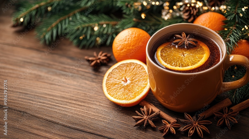 Festive Mulled Wine with Oranges, Star Anise and Evergreen Decorations on Wooden Table Festive Mulled Wine with Oranges, Star Anise and Evergreen Decorations on Wooden Table
