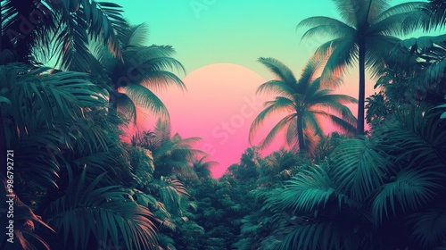 Vibrant Tropical Jungle Sunset with Palm Trees and Lush Foliage in Dreamy Colors photo