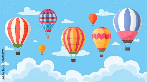 Wallpaper Mural Cheerful illustration of hot air balloons in various colors floating amidst fluffy white clouds in a bright blue sky. Torontodigital.ca