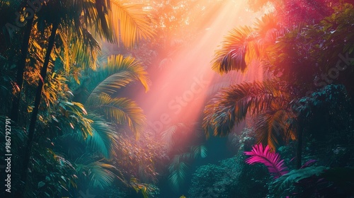 Sunlight Illuminating Vibrant Tropical Jungle - Nature, Colors, Sunbeams, Foliage, Lush Vegetation, Tropical Forest photo