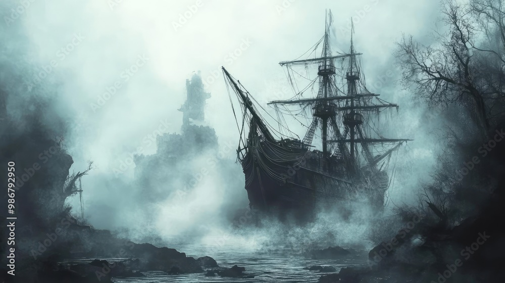 A mysterious ship emerges from the fog, surrounded by dark waters and eerie silhouettes, evoking a sense of adventure and intrigue. A mysterious ship emerges from the fog, surrounded by dark waters and eerie silhouettes, evoking a sense of adventure and intrigue.