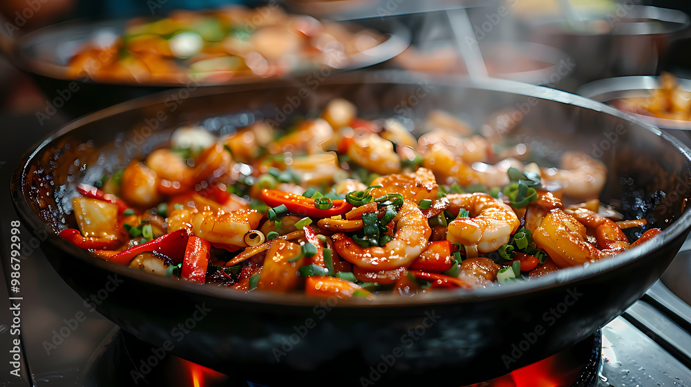 Stir-fried shrimp with cashew nuts in a white plate, in a luxurious shop. Stir-fried shrimp with cashew nuts in a white plate, in a luxurious shop.