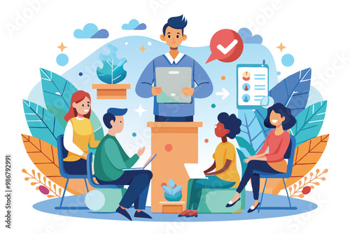 A speaker presents while attendees engage in an interactive conference setting focused on collaboration, Customizable illustration for conferences that is disproportionate.