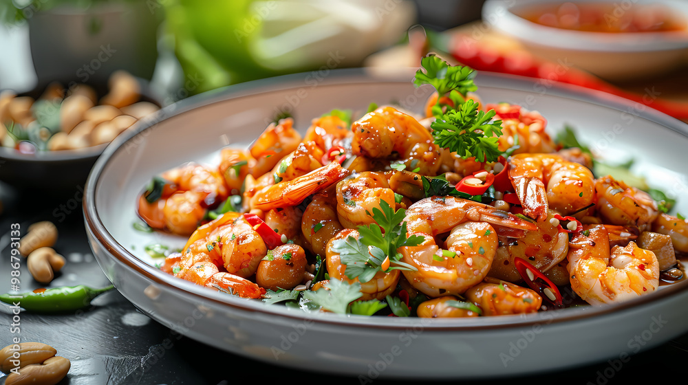 Stir-fried shrimp with cashew nuts in a white plate, in a luxurious shop. Stir-fried shrimp with cashew nuts in a white plate, in a luxurious shop.