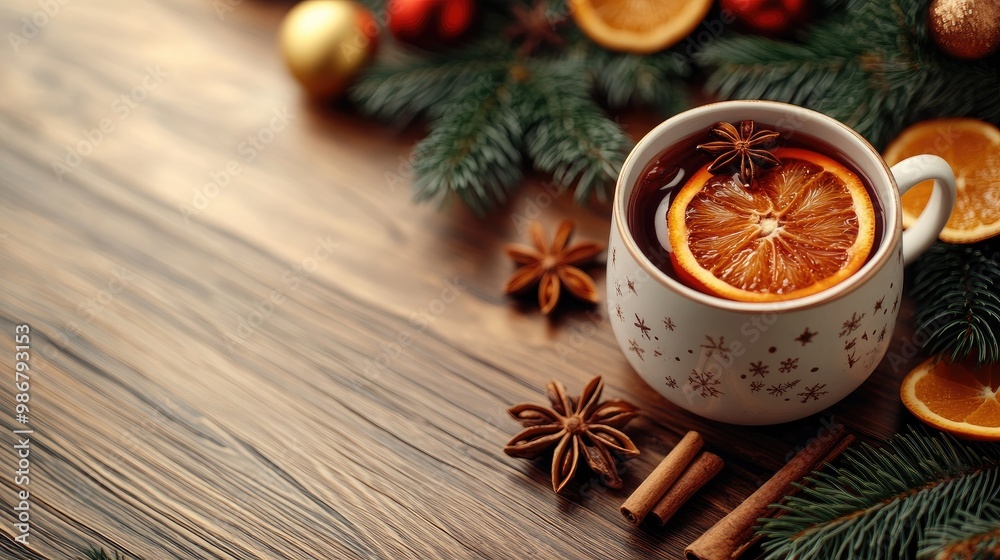 Festive Holiday Hot Drink with Spices and Oranges on Rustic Wooden Table Festive Holiday Hot Drink with Spices and Oranges on Rustic Wooden Table