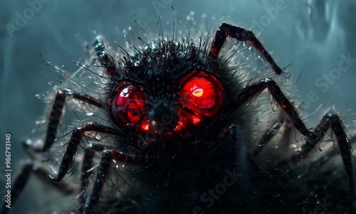 Scary close-up of a spider with glowing red eyes, sharp fangs dripping venom, and hairy legs