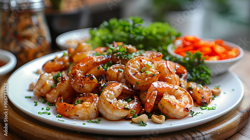 Stir-fried shrimp with cashew nuts in a white plate, in a luxurious shop.