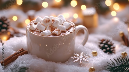 Cozy Hot Chocolate with Marshmallows in Winter Wonderland Setting with Festive Lights