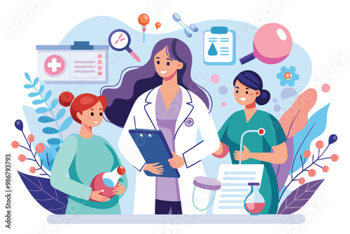 A doctor consults with two women regarding infertility diagnosis in a vibrant healthcare setting, Customizable illustration for infertility diagnosis