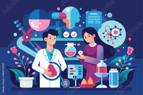 Doctors discuss infertility diagnosis with laboratory tools and charts in a vibrant medical setting, Customizable illustration for infertility diagnosis