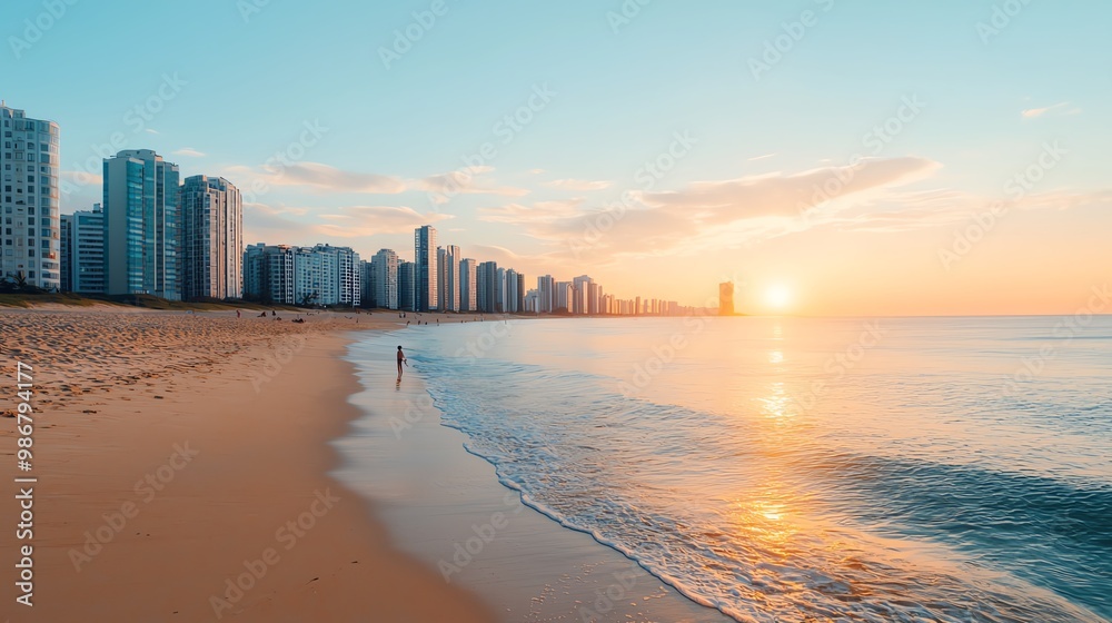 Clean beach with kids playing, contrast to urban skyline, wide shot, golden hour Clean beach with kids playing, contrast to urban skyline, wide shot, golden hour