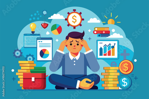 A person shows signs of stress related to finances while surrounded by various money-related graphics and charts, Customizable illustration for money stress in a simple flat style.