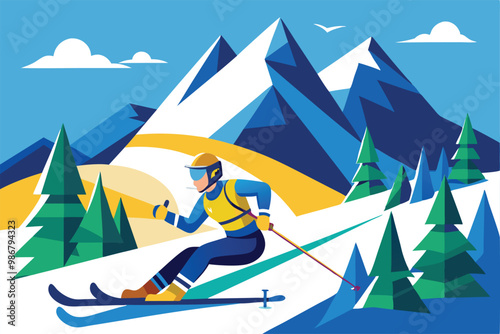 A skier highlights the excitement of para alpine skiing amidst a vibrant mountain backdrop, Customizable illustration for para alpine skiing