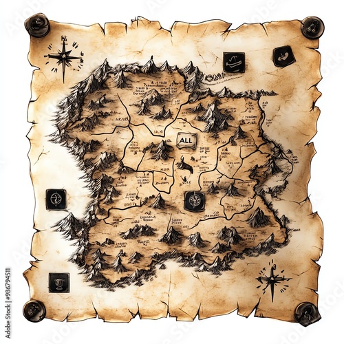 A map leading to Black Friday treasures, marked with sale signs and magical runes, fantasy RPG theme, isolated on white background photo