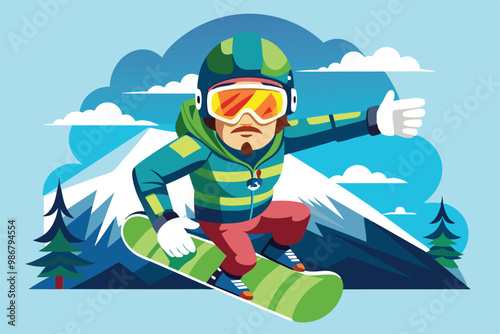 A vibrant illustration showcasing a para snowboarder riding down a snowy mountain slope, Customizable Semi Flat Illustration for Para snowboard