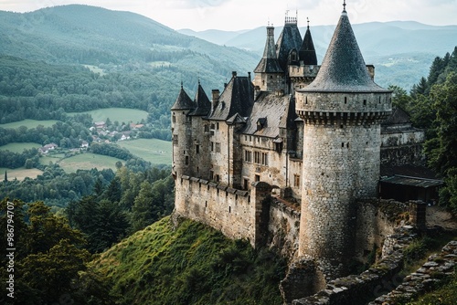 Medieval stone castle overlooking countryside