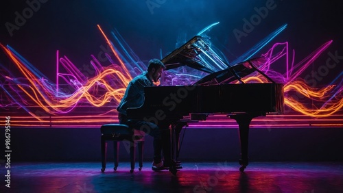 man playing piano with music in dark light