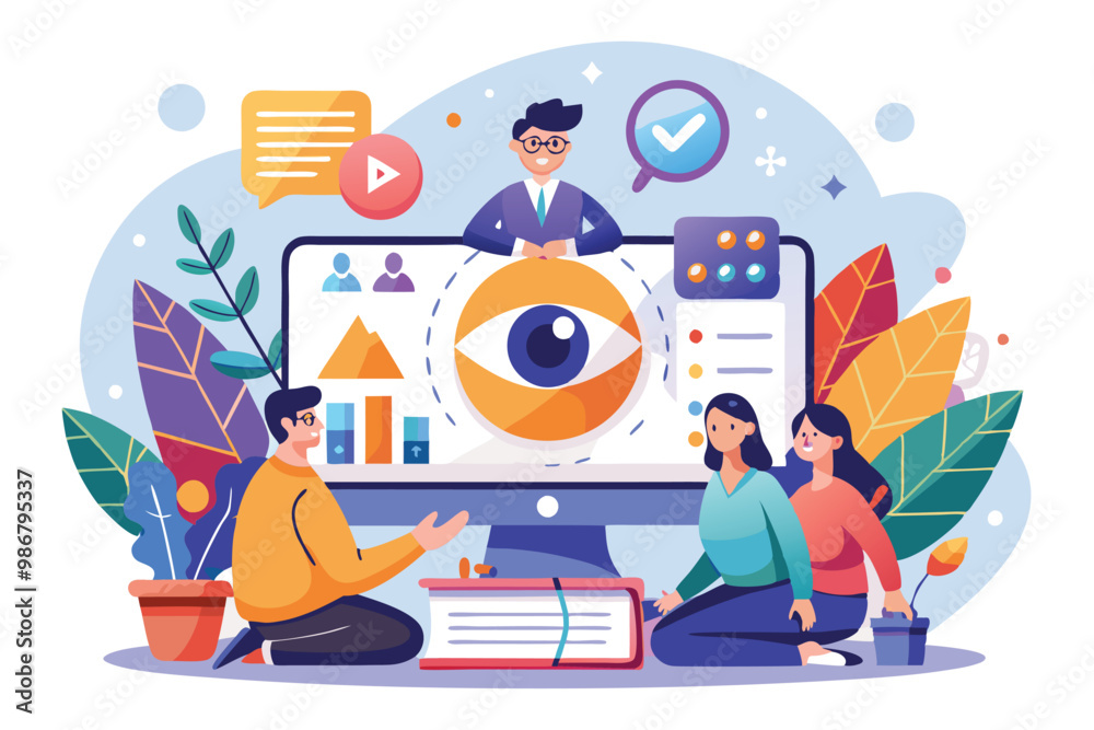 Obraz premium A vibrant illustration showing diverse individuals interacting during an engaging webinar presentation, Customizable illustration for webinars that stands out.