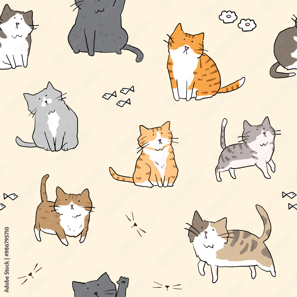Obraz premium Seamless Pattern with Cartoon Cat Character Design on Light Yellow Background