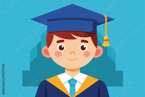 A happy boy graduates, wearing a cap and gown, with a cheerful expression celebrating his achievement, Customizable cartoon illustration of a graduating boy.